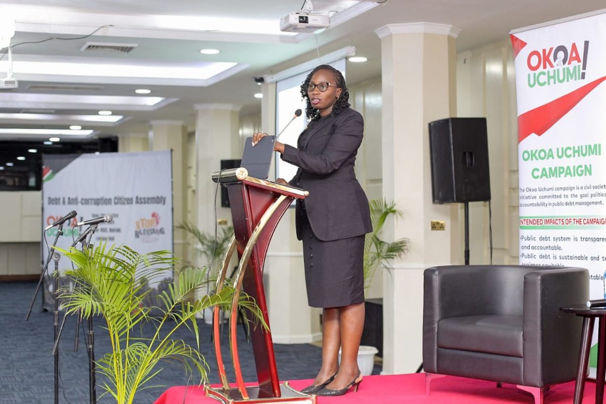 LSK President Faith Odhiambo giving her keynote address at the the Debt and Anti-Corruption Citizen Assembly planned by TISA and Okoa Uchumi Kenya